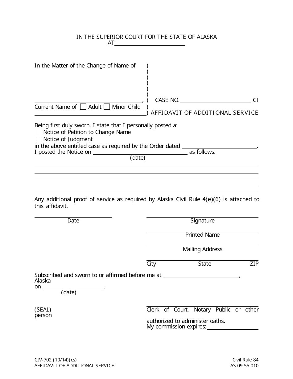 Form CIV-702 Affidavit of Additional Service - Alaska, Page 1