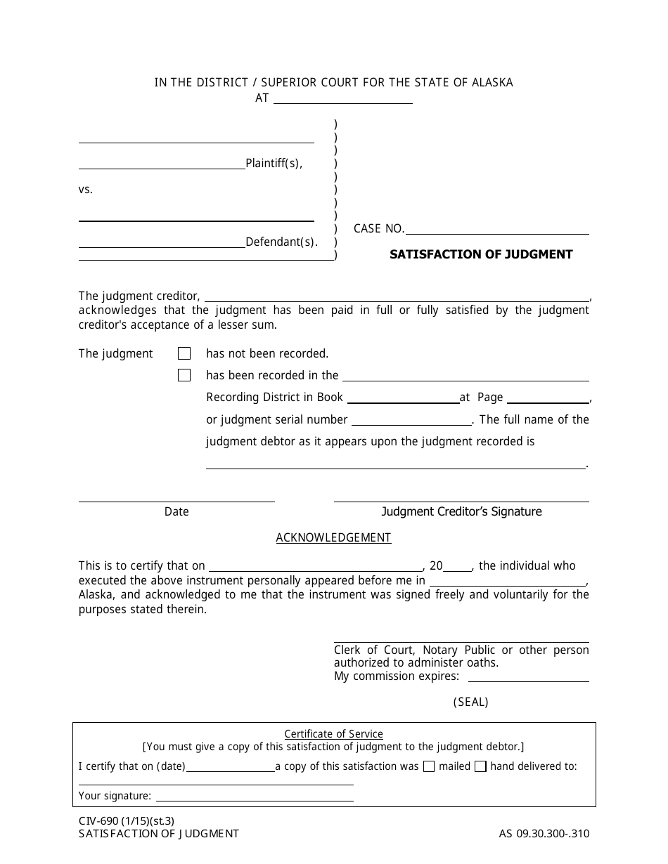 Form CIV-690 Satisfaction of Judgment - Alaska, Page 1
