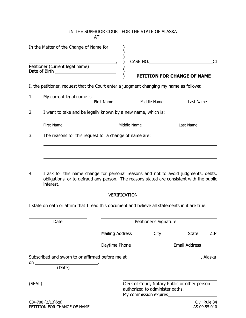 Form CIV-700 Petition for Change of Name - Alaska, Page 1