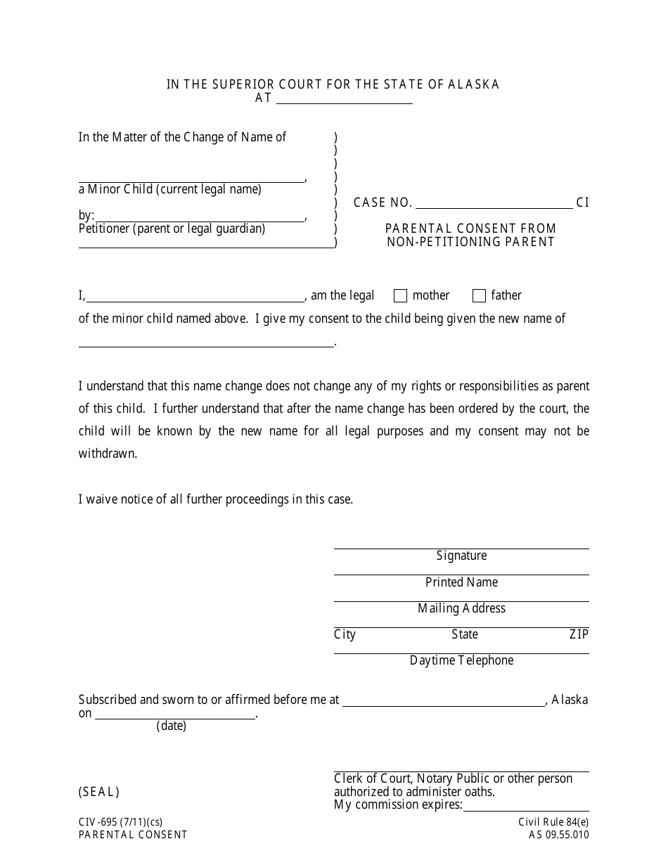 Form CIV-695 Parental Consent From Non-petitioning Parent - Alaska, Page 1