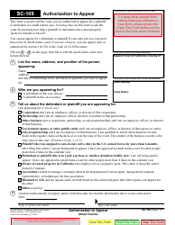 Document preview: Form SC-109 Authorization to Appear on Behalf of Party - Small Claims - California