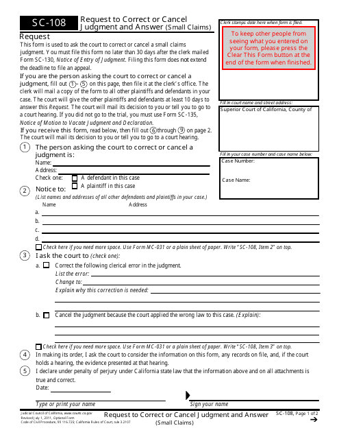 Form SC-108 Request to Correct or Cancel Judgment and Answer (Small Claims) - California