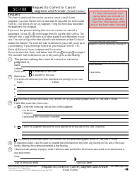 Form SC-108 Request to Correct or Cancel Judgment and Answer (Small Claims) - California
