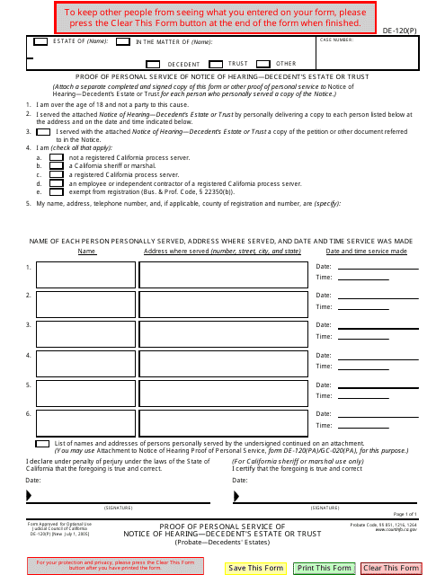 Form DE-120(P)  Printable Pdf