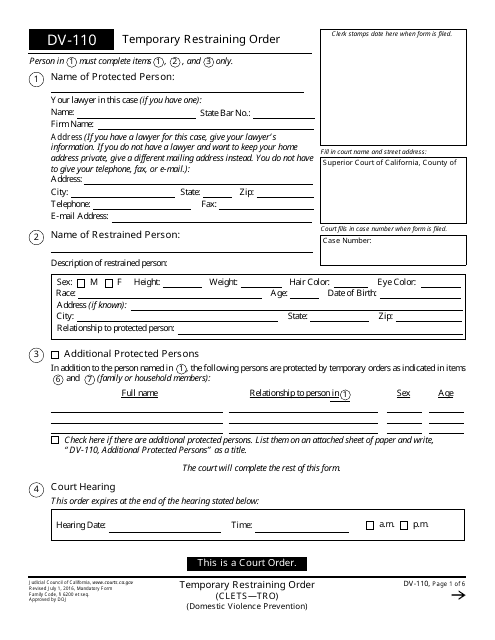 form dv110 download fillable pdf or fill online temporary