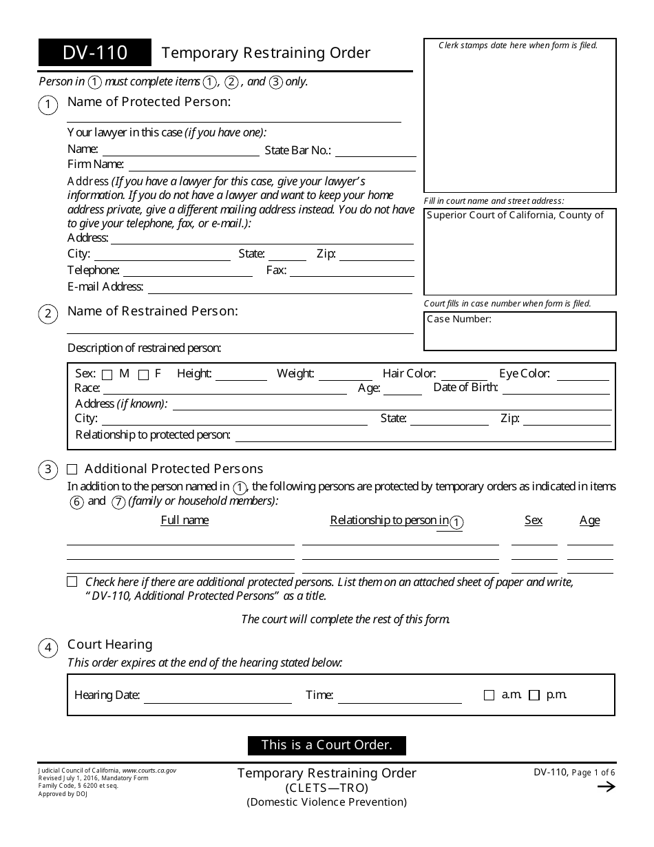 Form DV-110 Temporary Restraining Order - California, Page 1