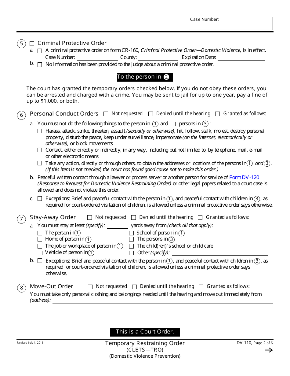 Form DV-110 Temporary Restraining Order - California, Page 2