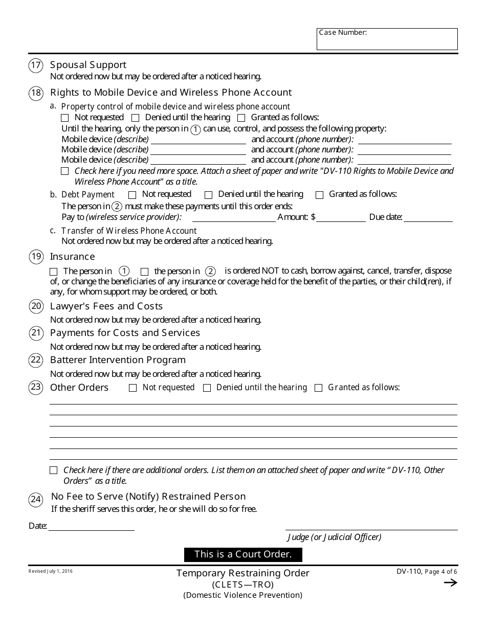 Form DV-110 Temporary Restraining Order - California, Page 4