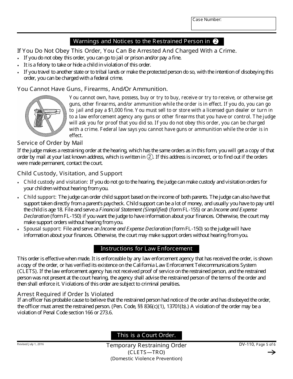 Form DV-110 Temporary Restraining Order - California, Page 5