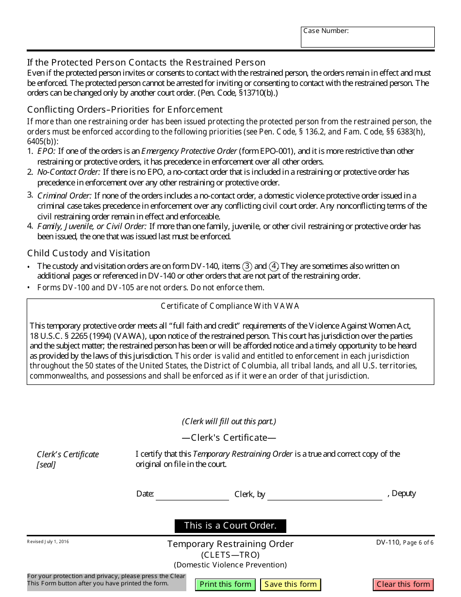 Form DV-110 Temporary Restraining Order - California, Page 6