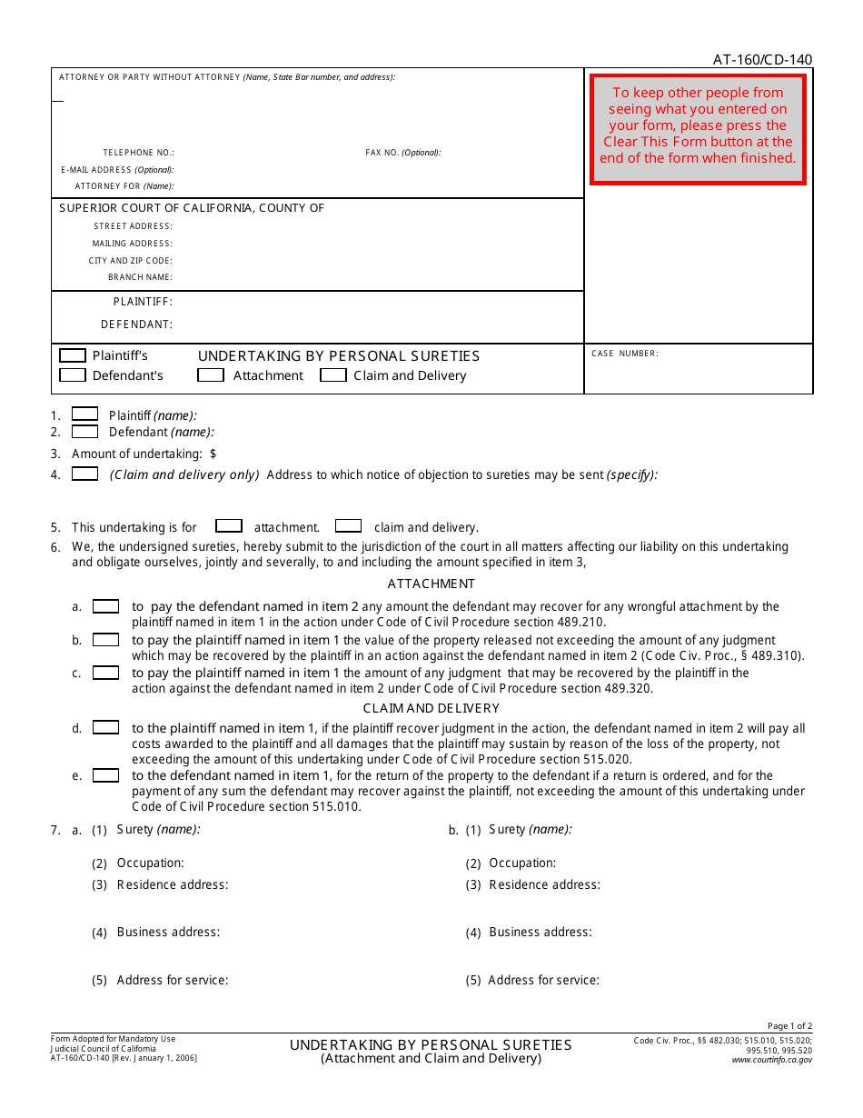 Form AT-160 (CD-140) Undertaking by Personal Sureties - California, Page 1
