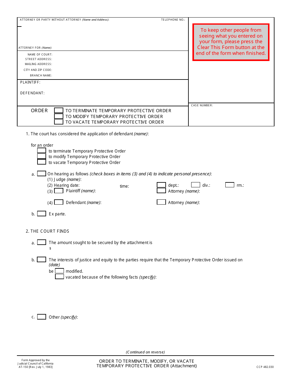 Form AT-150 Order to Terminate, Modify, or Vacate Temporary Protective Order - California, Page 1