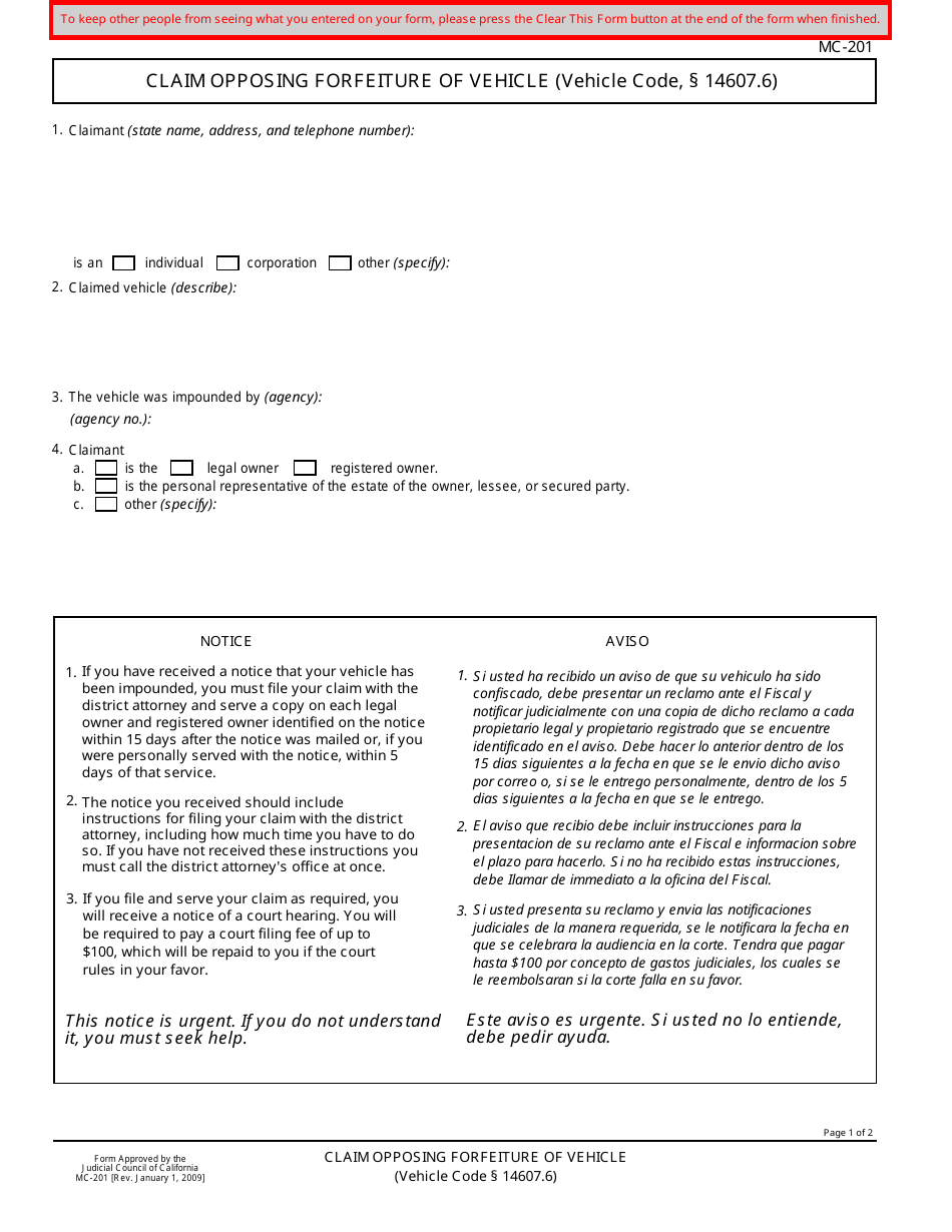 Form MC-201 Claim Opposing Forfeiture of Vehicle (Vehicle Code, 14607.6) - California (English / Spanish), Page 1