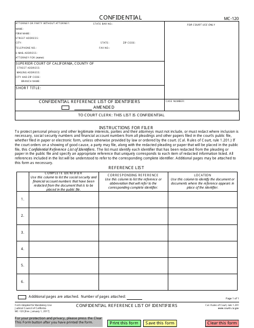 Form MC-120 Confidential Reference List of Identifiers - California