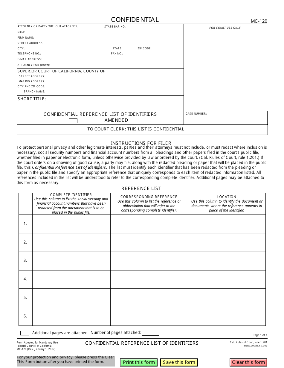 Form MC-120 Confidential Reference List of Identifiers - California, Page 1