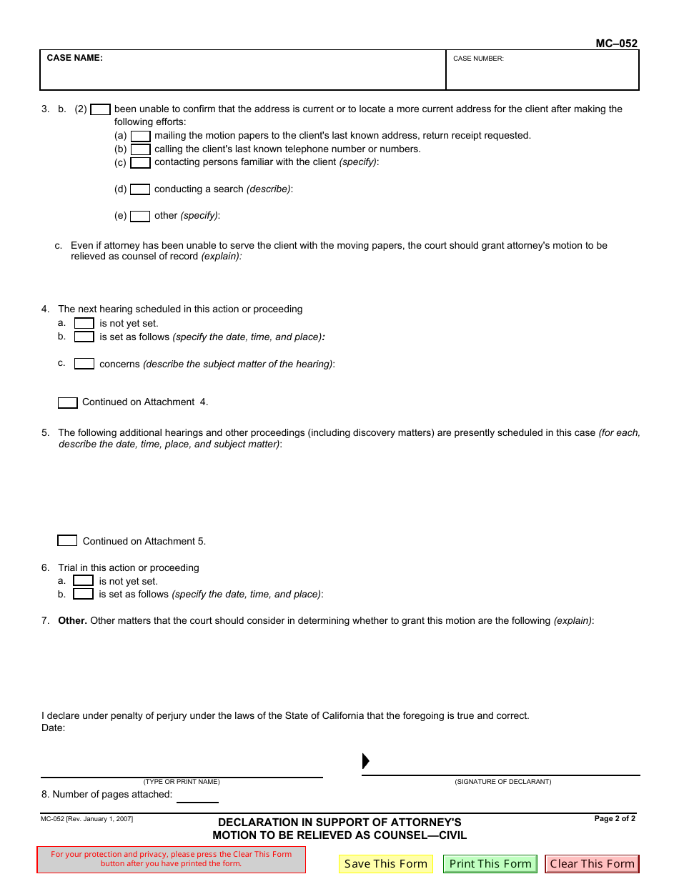 Form MC-052 Declaration in Support of Attorneys Motion to Be Relieved as Counsel - Civil - California, Page 2