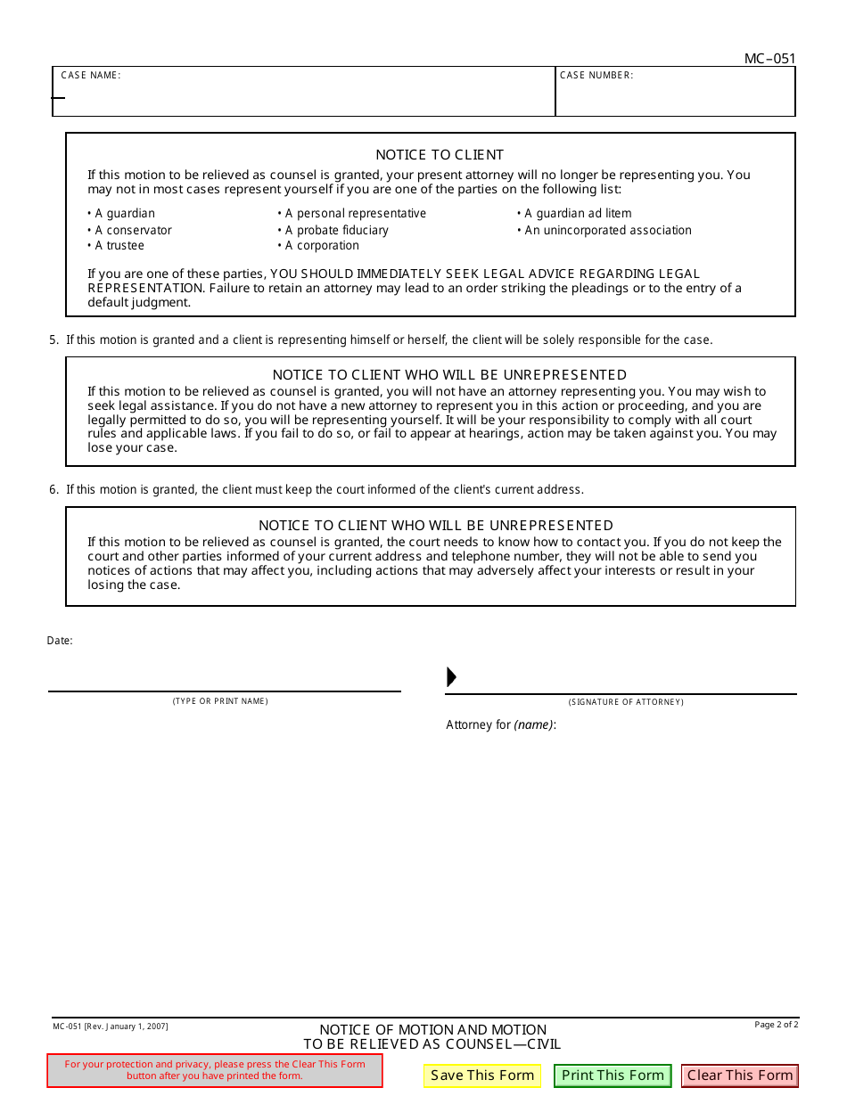 Form MC-051 Notice of Motion and Motion to Be Relieved as Counsel - Civil - California, Page 2