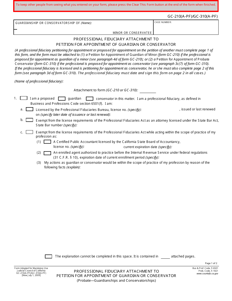 Form GC-210(A-PF) (GC-310(A-PF)) Professional Fiduciary Attachment to Petition for Appointment of Guardian or Conservator - California, Page 1