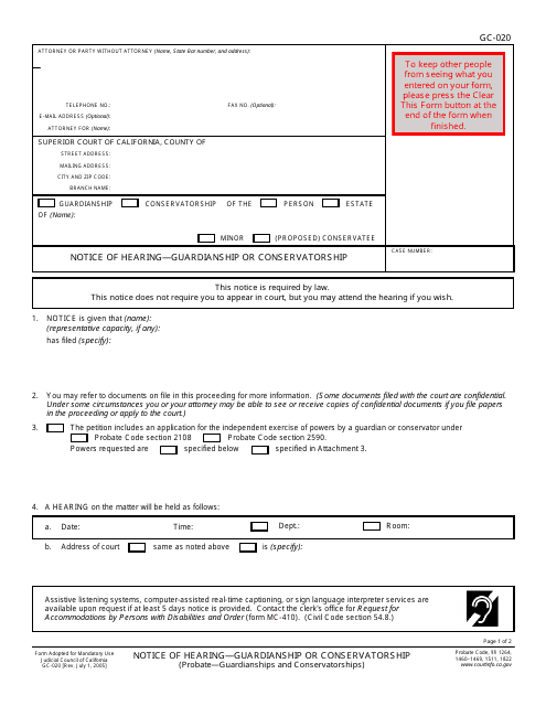 Form GC-020  Printable Pdf