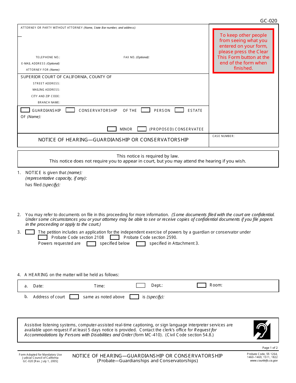 Form GC-020 Notice of Hearing - Guardianship or Conservatorship - California, Page 1