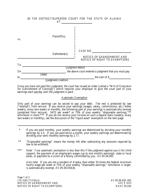 Form CIV-530 Notice of Garnishment and Notice of Right to Exemptions - Alaska