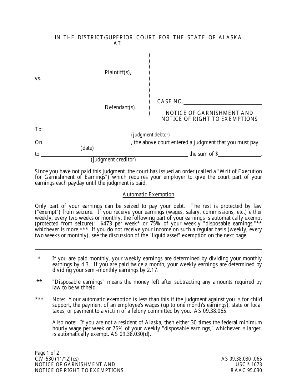 Form CIV-530 Notice of Garnishment and Notice of Right to Exemptions - Alaska, Page 1