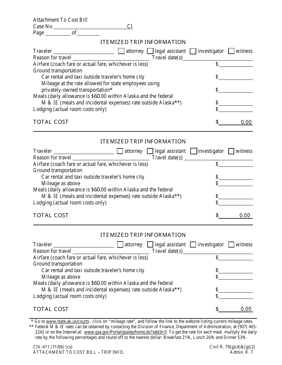 Form CIV-411 Attachment to Cost Bill - Itemized Trip Information - Alaska, Page 1