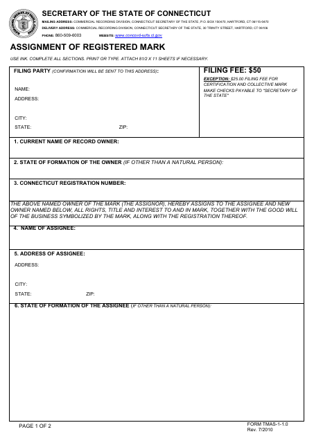 Form TMAS-1-1.0 Assignment of Registered Mark - Connecticut