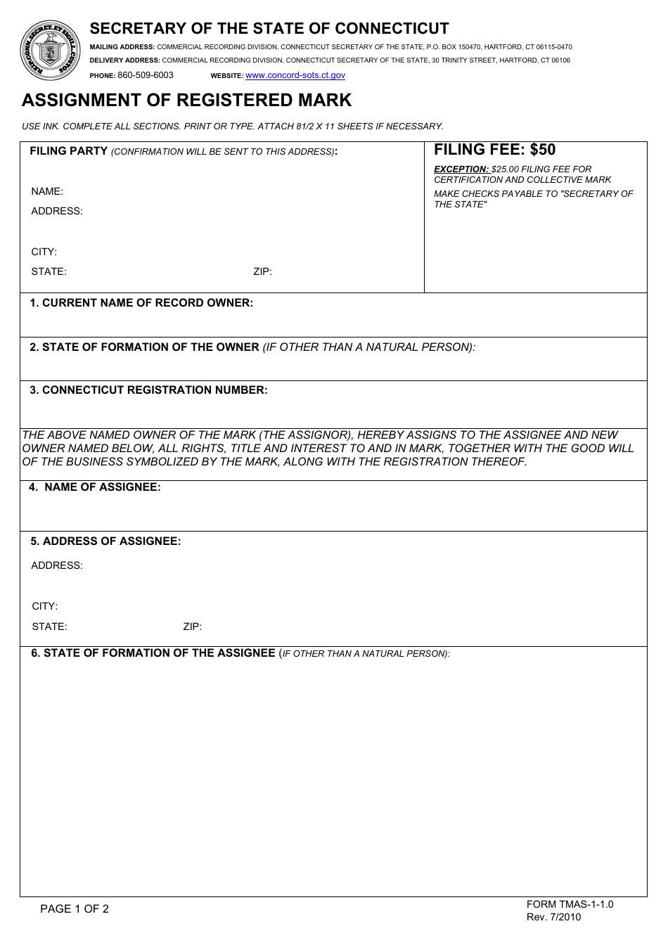 Form TMAS-1-1.0 Assignment of Registered Mark - Connecticut, Page 1