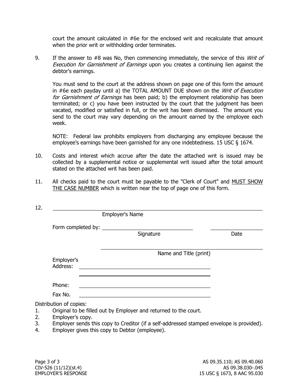 Form CIV-526 Employers Response to Writ of Execution for Garnishment of Earnings - Alaska, Page 3