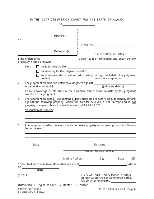 Form CIV-505 Creditor's Affidavit - Alaska