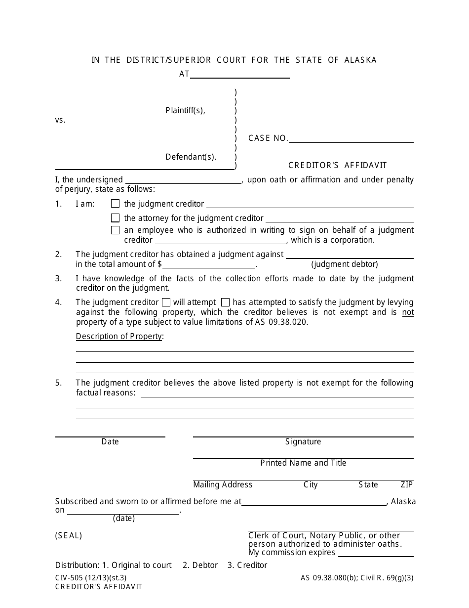 Form CIV-505 Creditors Affidavit - Alaska, Page 1