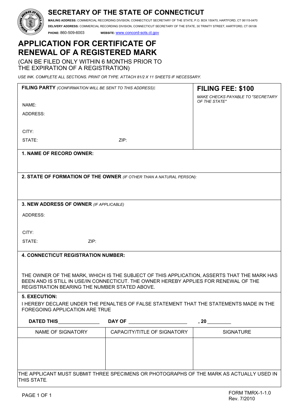 Form TMRX-1-1.0 Application for Certificate of Renewal of a Registered Mark - Connecticut, Page 1