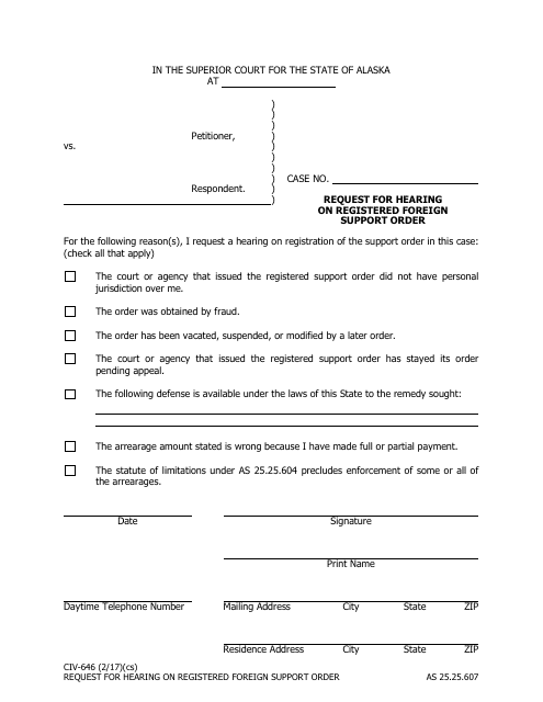Form CIV-646 Request for Hearing on Registered Foreign Support Order - Alaska