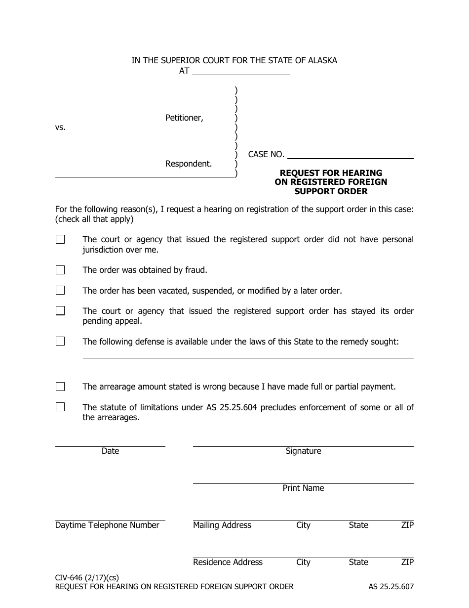 Form CIV-646 Request for Hearing on Registered Foreign Support Order - Alaska, Page 1
