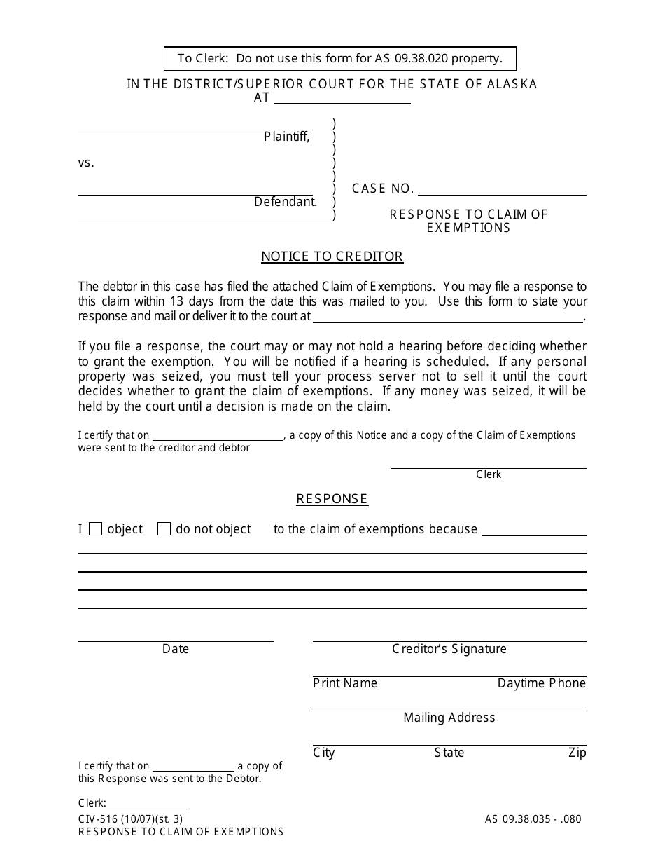 Form CIV-516 - Fill Out, Sign Online and Download Printable PDF, Alaska ...