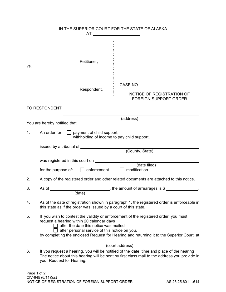 Form CIV-645 Notice of Registration of Foreign Support Order - Alaska, Page 1