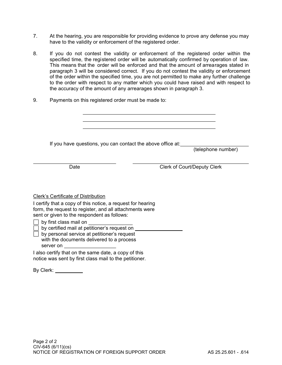 Form CIV-645 Notice of Registration of Foreign Support Order - Alaska, Page 2