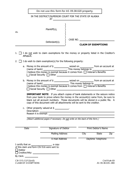 Form CIV-515 Claim of Exemptions - Alaska