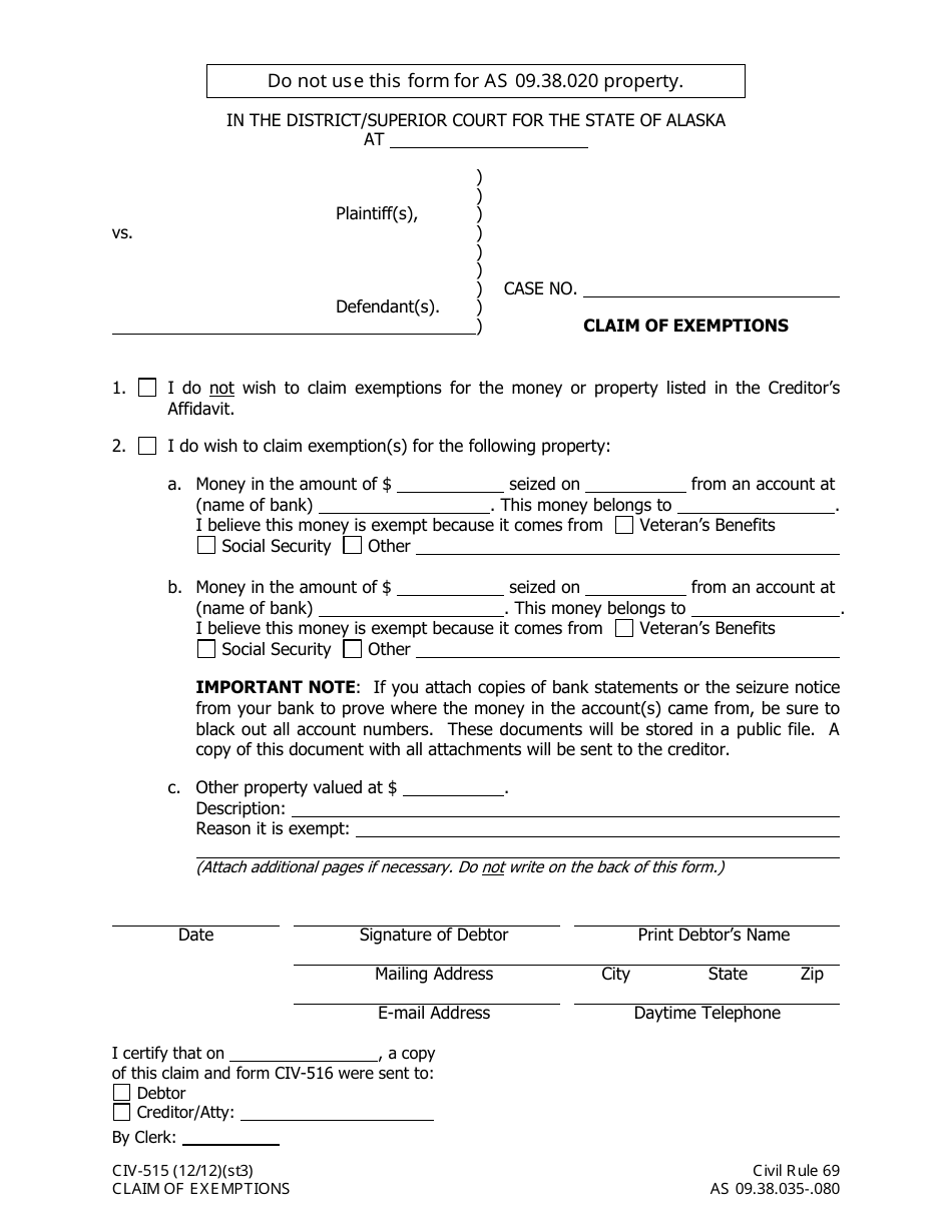 Form CIV-515 Claim of Exemptions - Alaska, Page 1