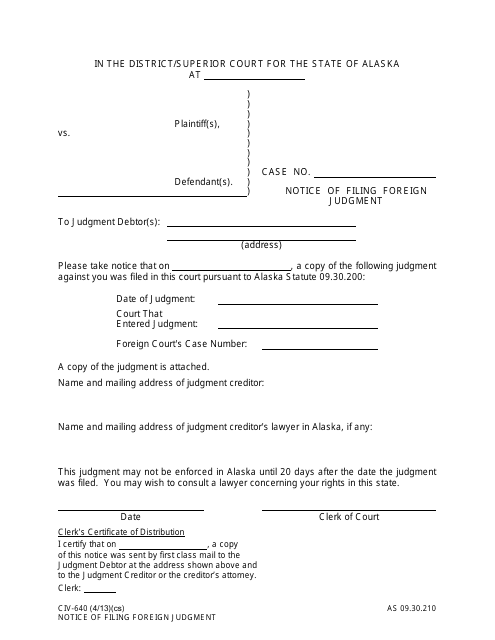 Form CIV-640 Notice of Filing Foreign Judgment - Alaska
