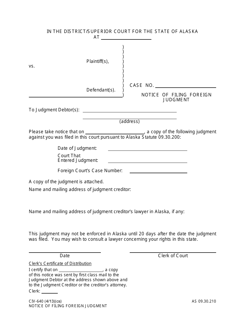 Form CIV-640 Notice of Filing Foreign Judgment - Alaska, Page 1