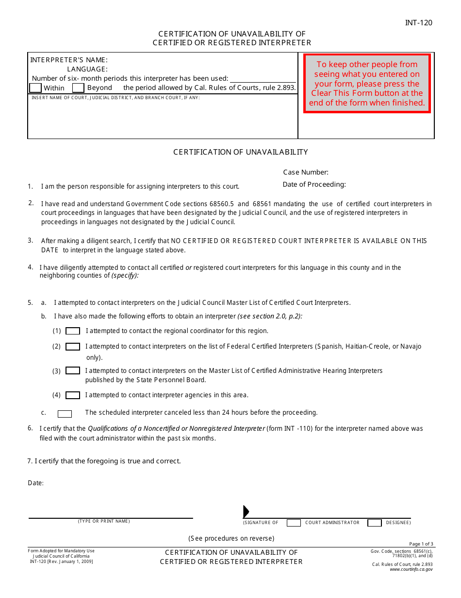 Form INT-120 Certification of Unavailability of Certified or Registered Interpreter - California, Page 1