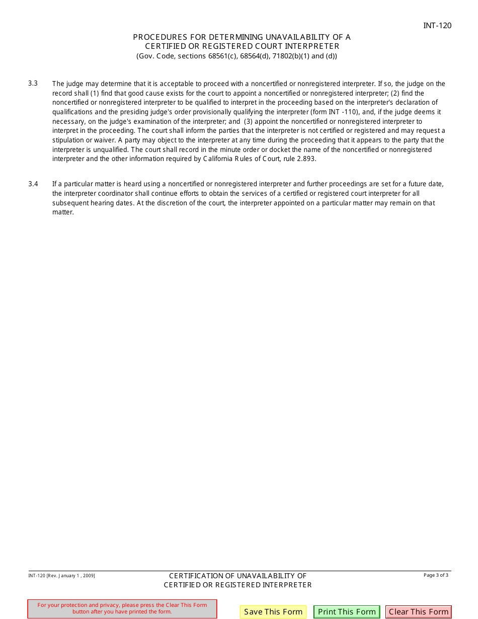 Form INT-120 Certification of Unavailability of Certified or Registered Interpreter - California, Page 3