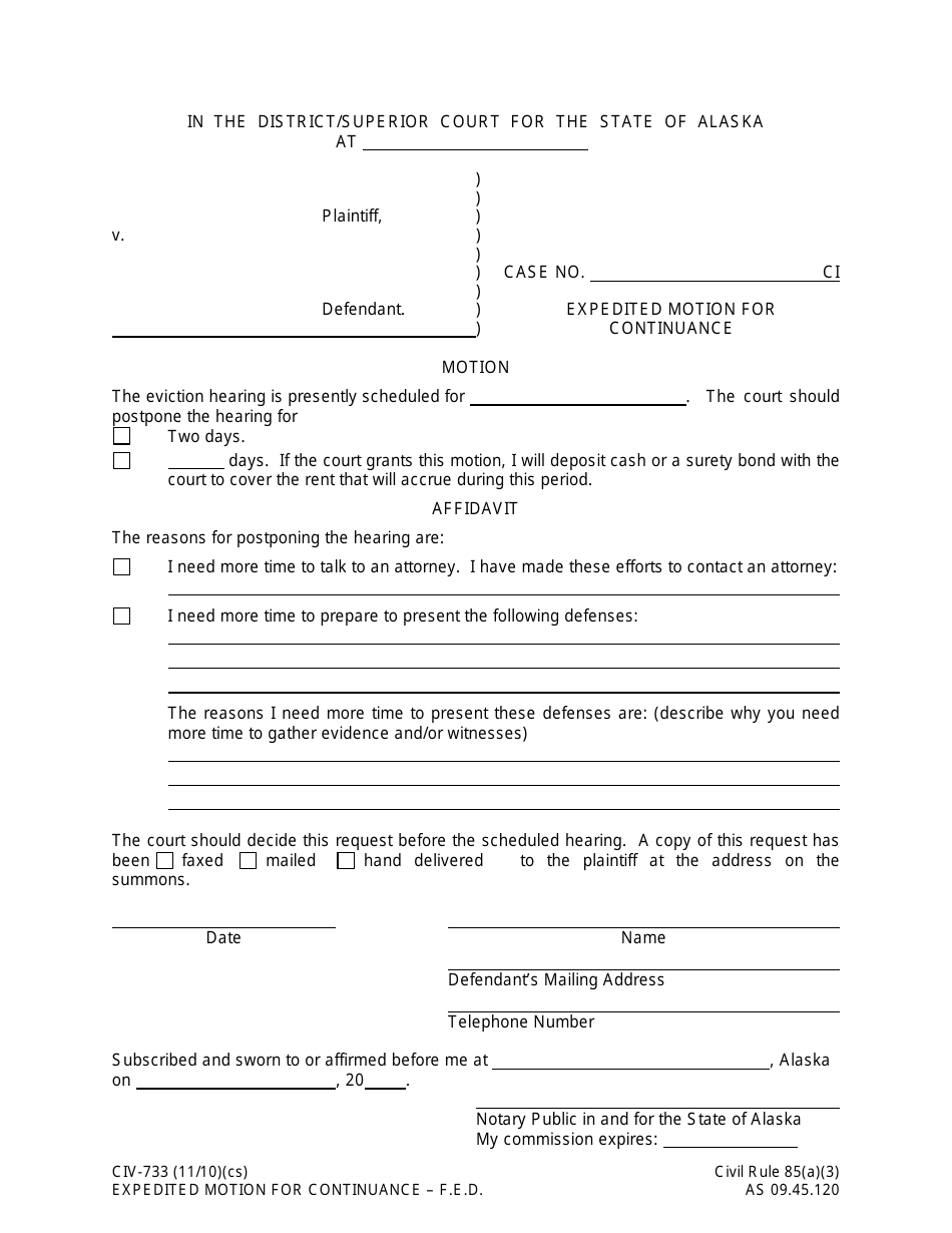 Form CIV-733 Expedited Motion for Continuance - Alaska, Page 1