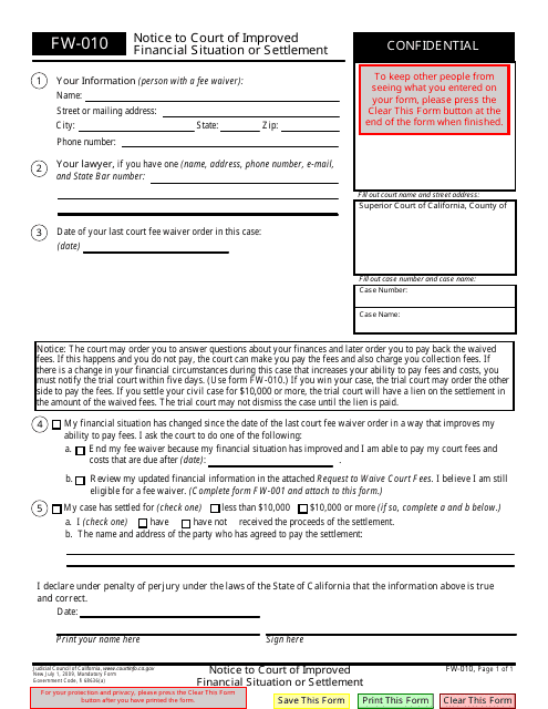 Form FW-010  Printable Pdf