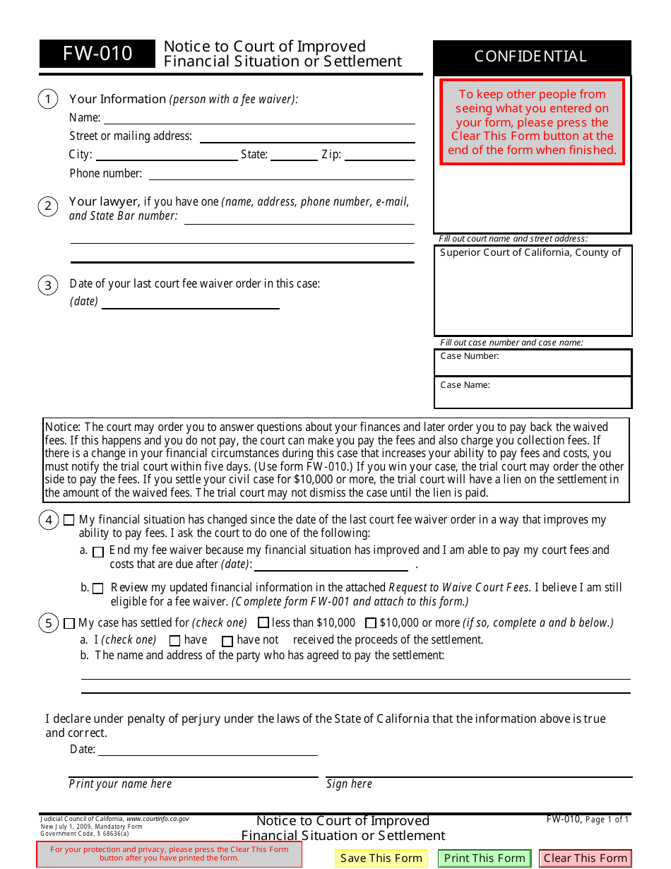Form FW-010 Notice to Court of Improved Financial Situation or Settlement - California, Page 1