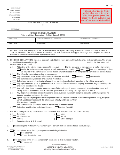 Form TR-235 Officer's Declaration - California