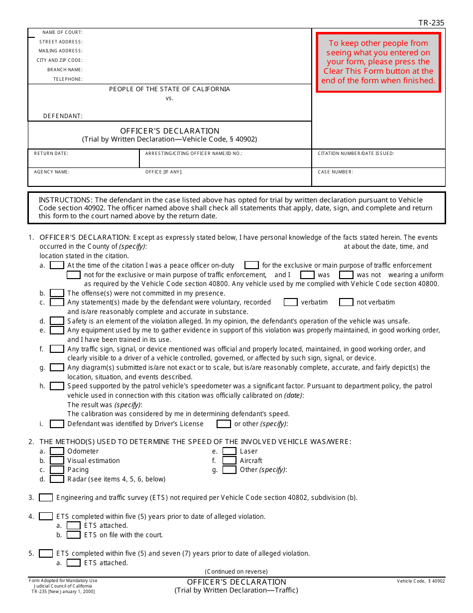 Form TR-235 Officers Declaration - California, Page 1