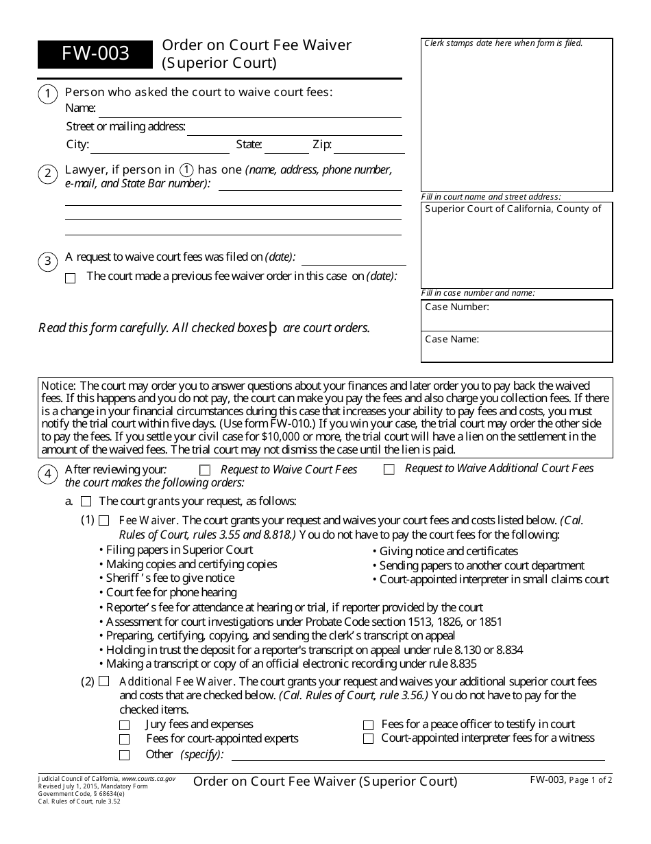 Form FW-003 Order on Court Fee Waiver (Superior Court) - California, Page 1